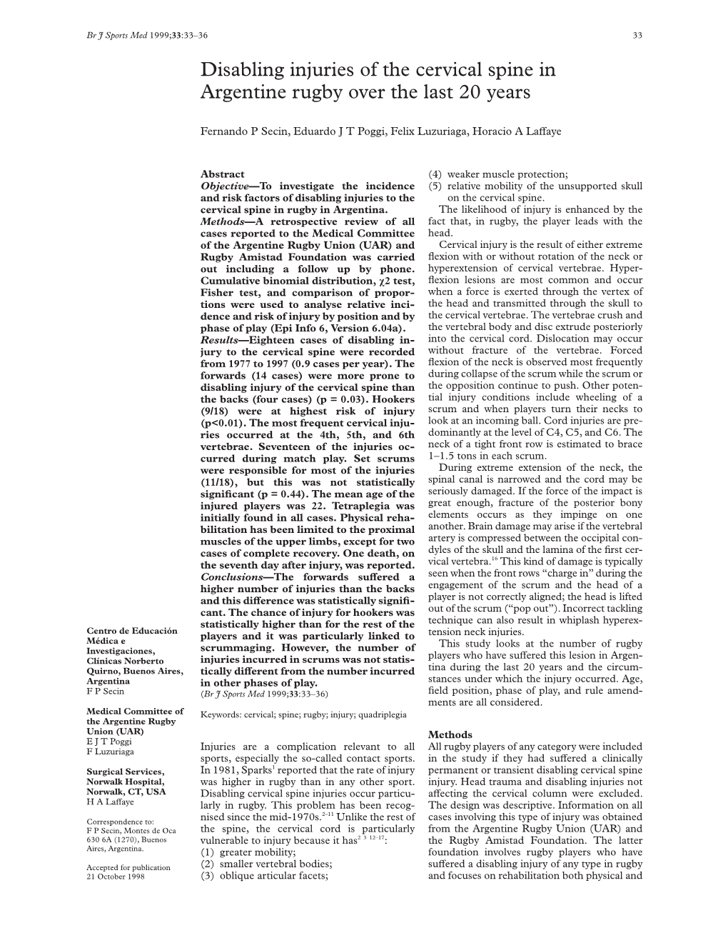 Disabling Injuries of the Cervical Spine in Argentine Rugby Over the Last 20 Years