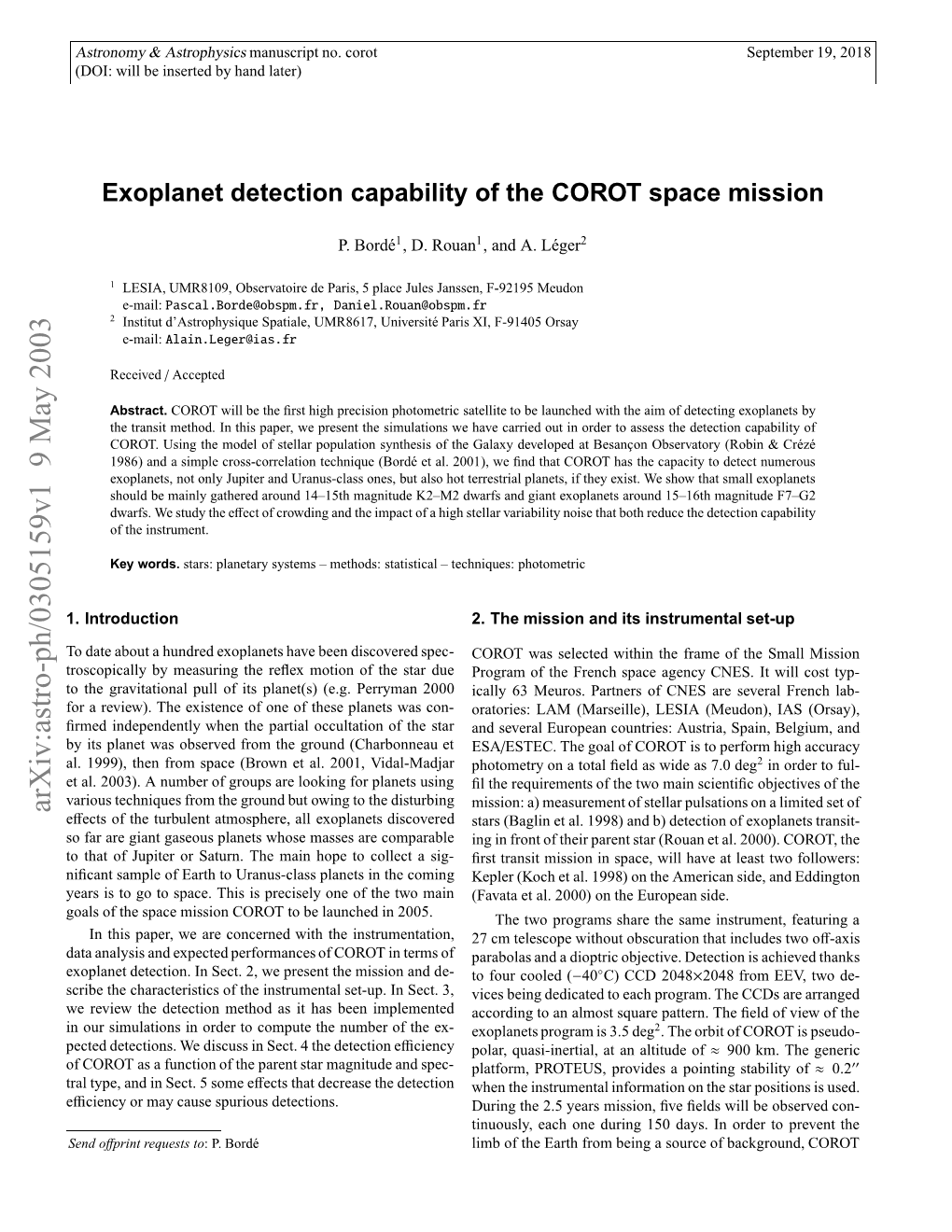 Exoplanet Detection Capability of the COROT Space Mission Will Be Pointing in a Direction Not Far from the Equatorial Plane