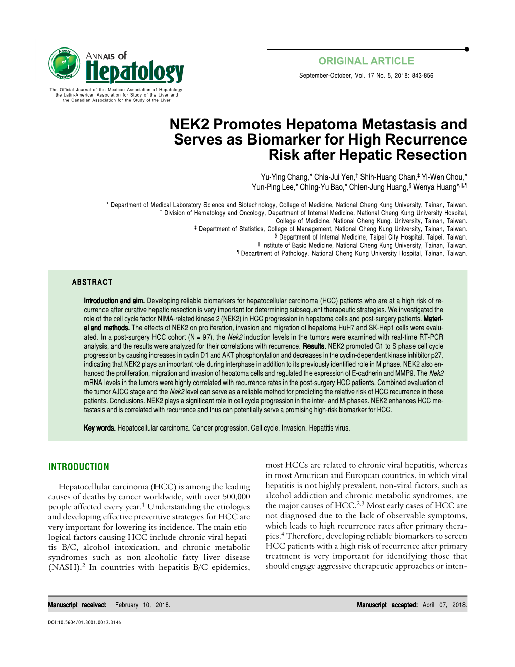 NEK2 Promotes Hepatoma Metastasis and Serves As Biomarker for High Recurrence Risk After Hepatic Resection