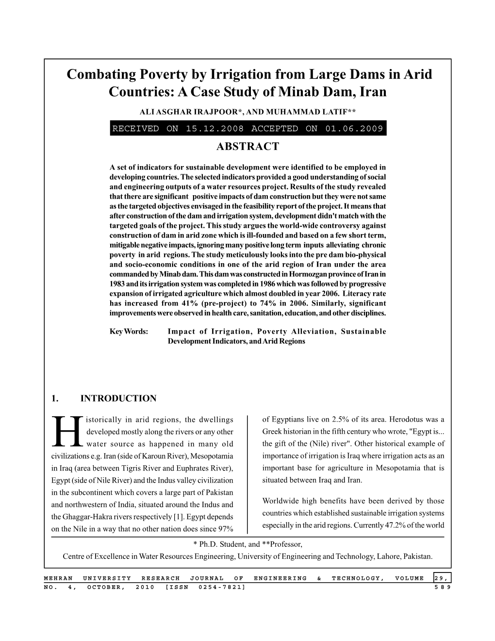 Combating Poverty by Irrigation from Large Dams in Arid Countries: a Case Study of Minab Dam, Iran