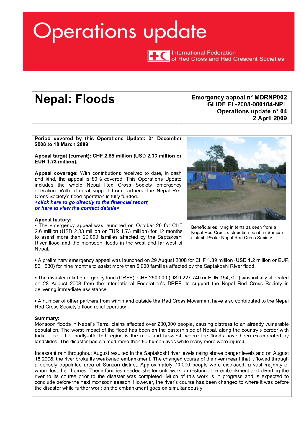 Nepal: Floods GLIDE FL-2008-000104-NPL Operations Update N° 04 2 April 2009