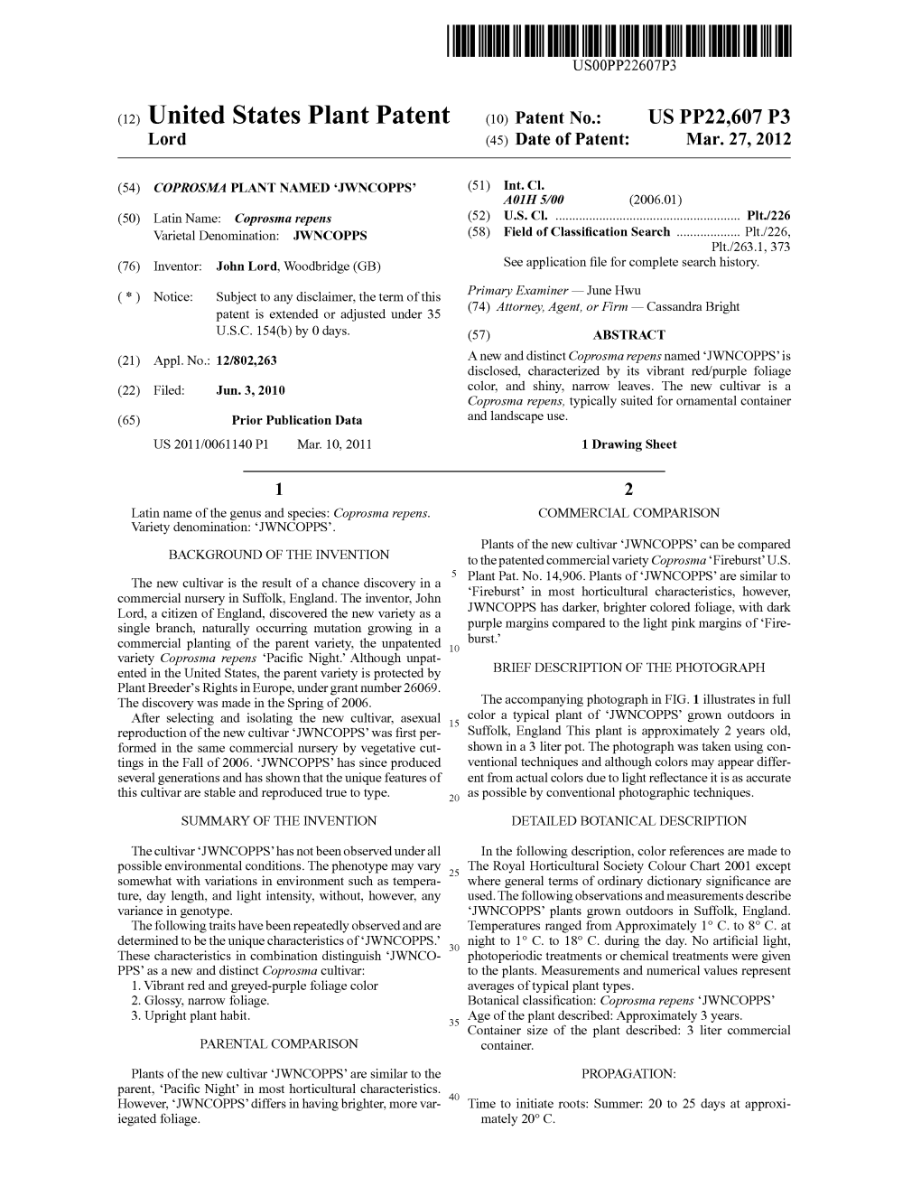 (12) United States Plant Patent (10) Patent No.: US PP22.607 P3 Lord 45) Date of Patent: Mar