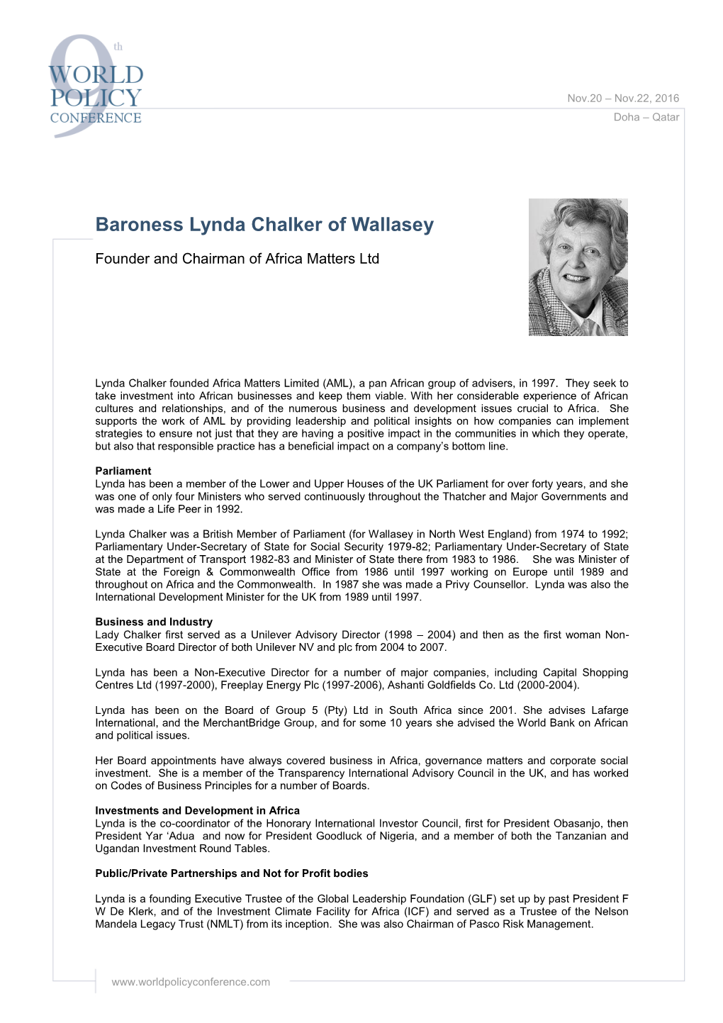 Baroness Lynda Chalker of Wallasey