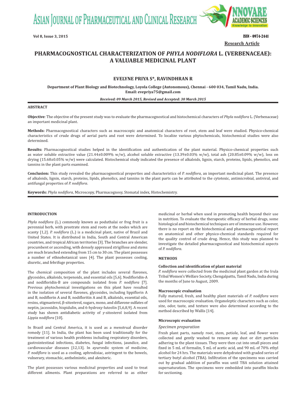 Pharmacognostical Characterization of Phyla Nodiflora L. (Verbenaceae): a Valuable Medicinal Plant