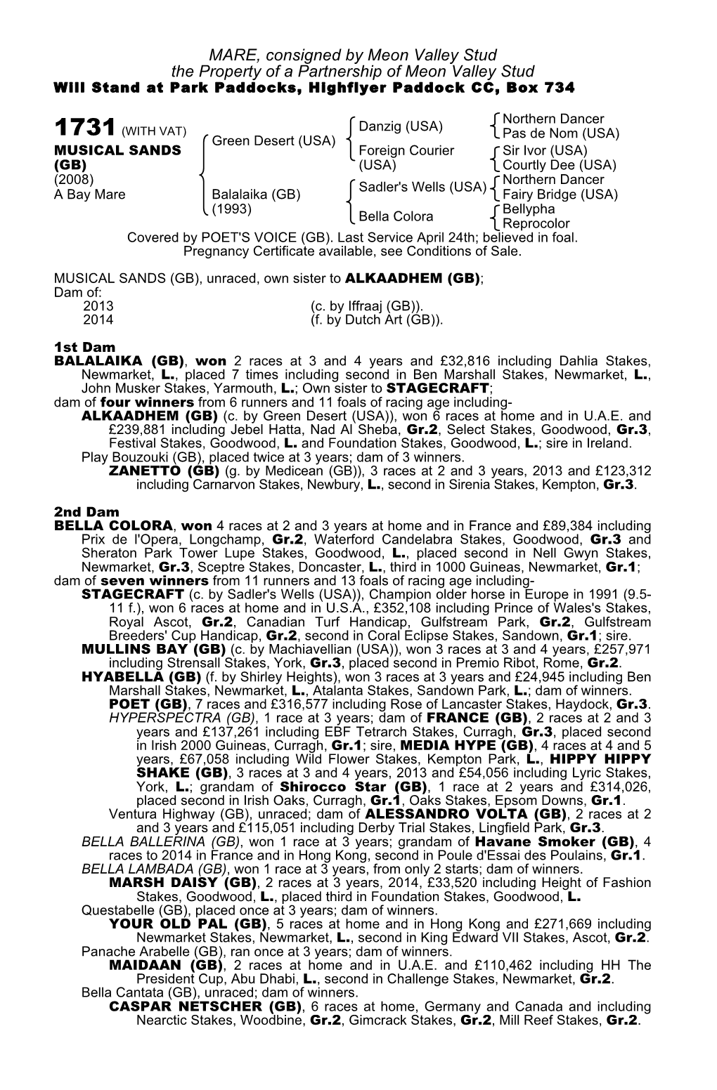 MARE, Consigned by Meon Valley Stud the Property of a Partnership of Meon Valley Stud Will Stand at Park Paddocks, Highflyer Paddock CC, Box 734