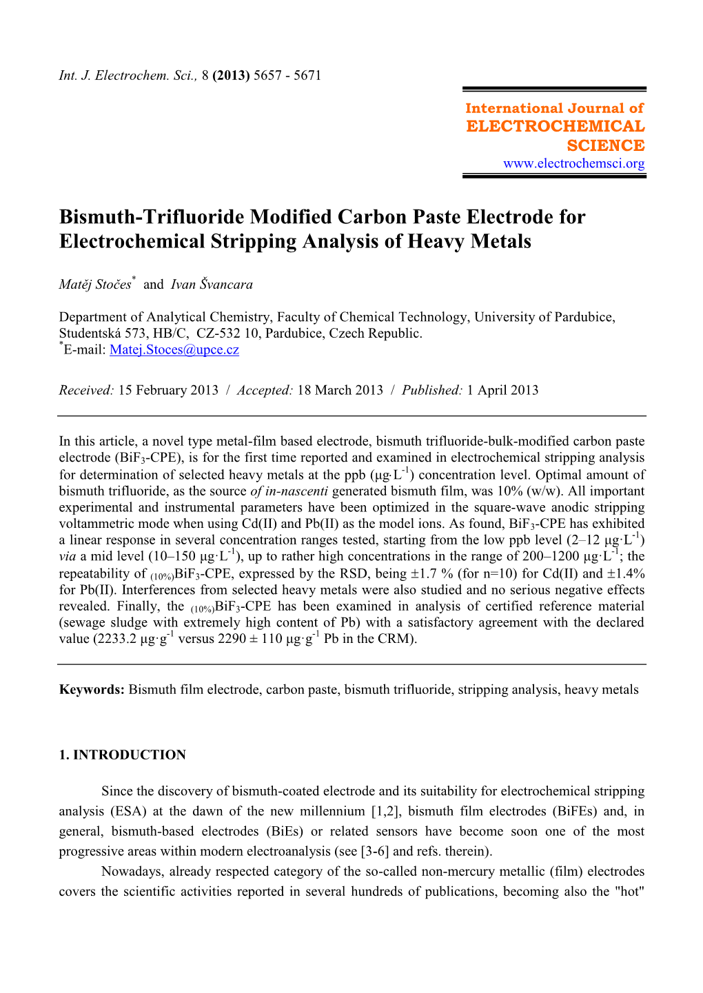 Bismuth-Trifluoride Modified Carbon Paste Electrode for Electrochemical Stripping Analysis of Heavy Metals