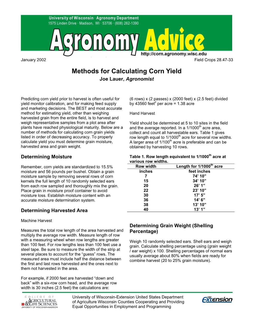 Methods for Calculating Corn Yield Joe Lauer, Agronomist