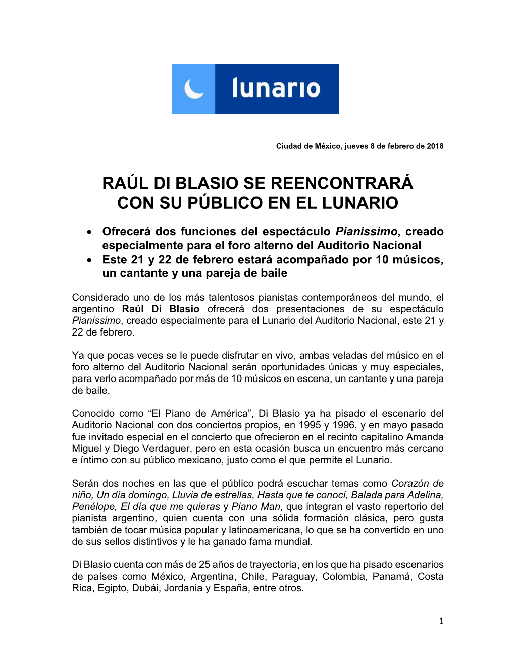 Raúl Di Blasio Se Reencontrará Con Su Público En El Lunario