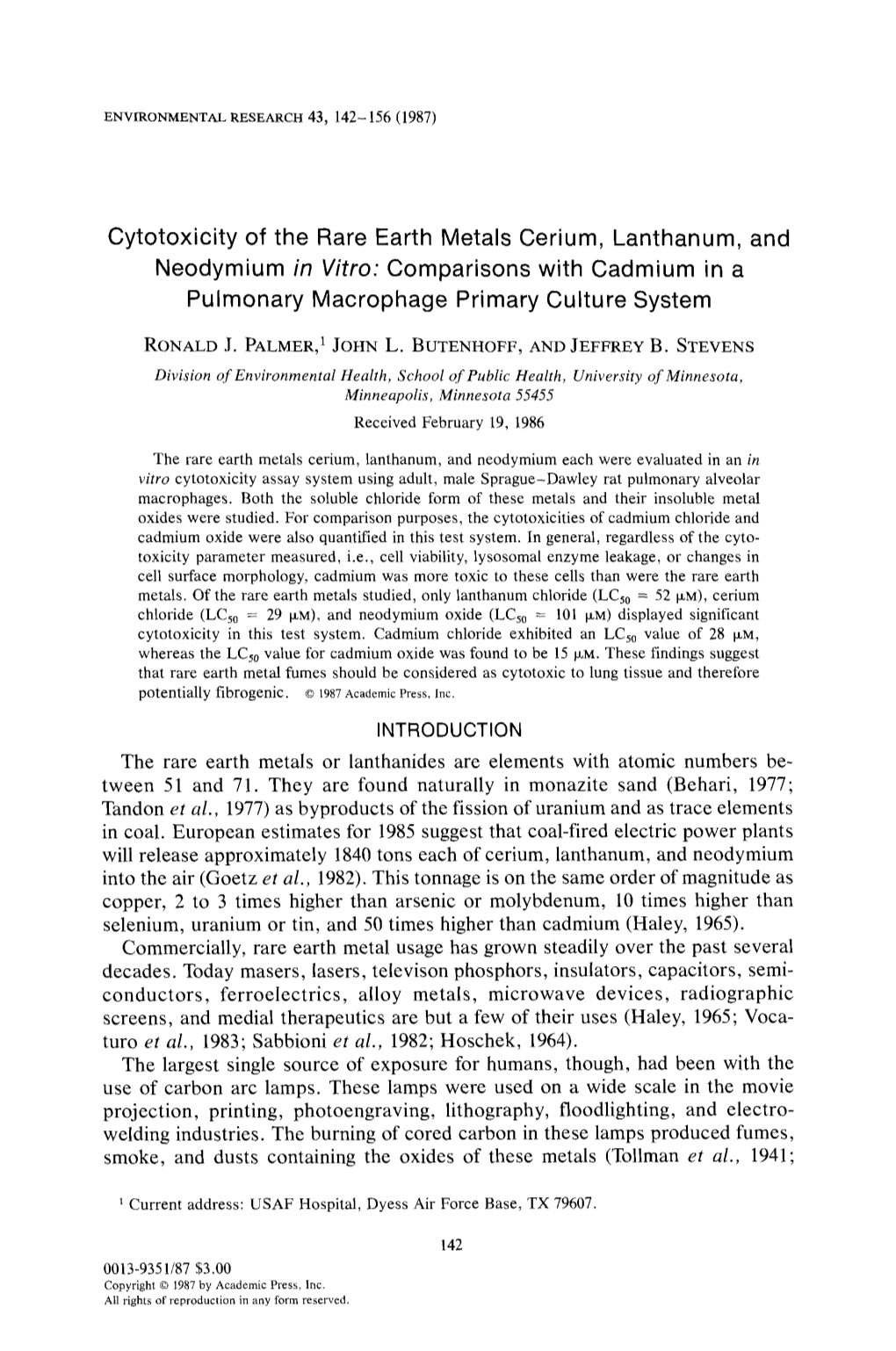 Cytotoxicity of the Rare Earth Metals Cerium, Lanthanum, and Neodymium in Vitro: Comparisons with Cadmium in a Pulmonary Macrophage Primary Culture System