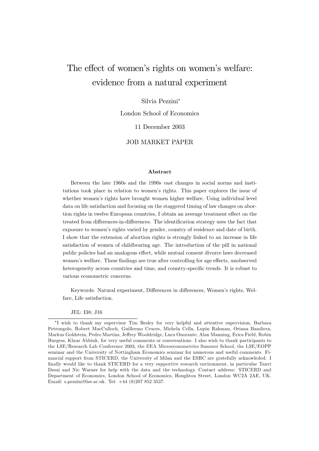 The Effect of Womenos Rights on Womenos Welfare: Evidence from A