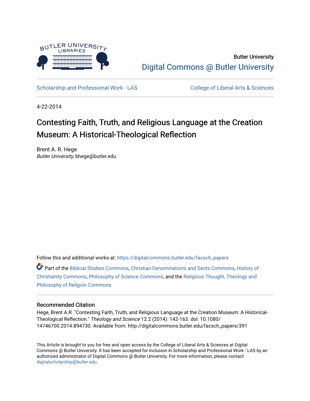 Contesting Faith, Truth, and Religious Language at the Creation Museum: a Historical-Theological Reflection