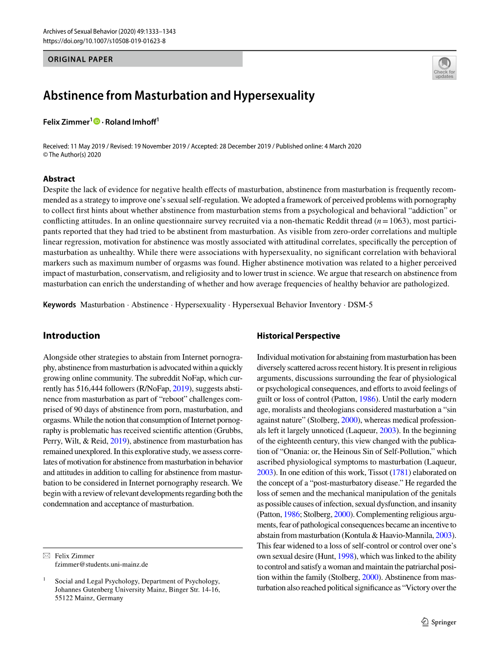 Abstinence from Masturbation and Hypersexuality