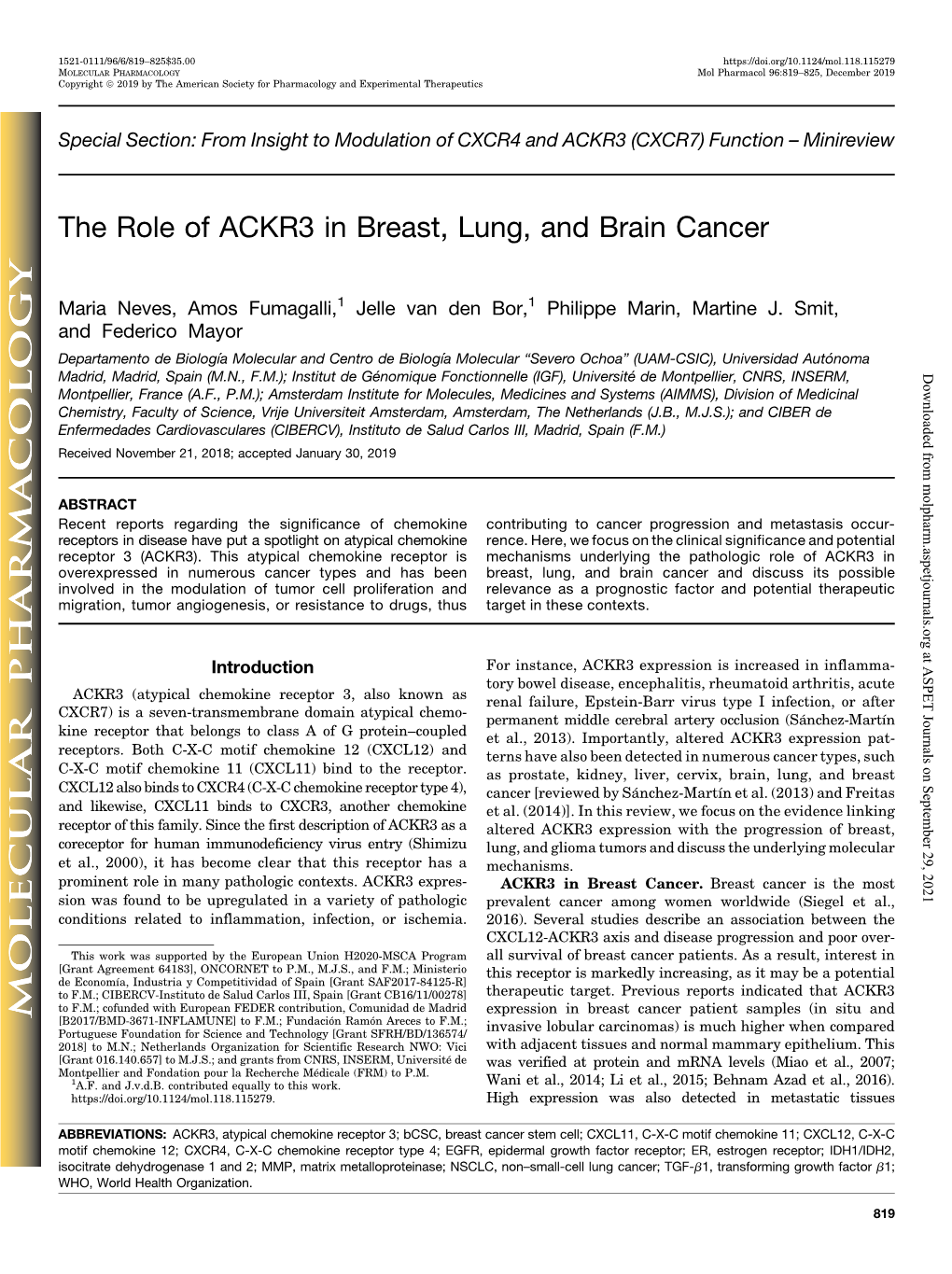 The Role of ACKR3 in Breast, Lung, and Brain Cancer
