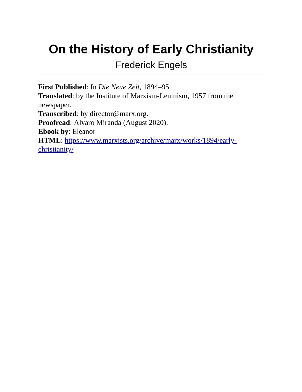 On the History of Early Christianity Frederick Engels