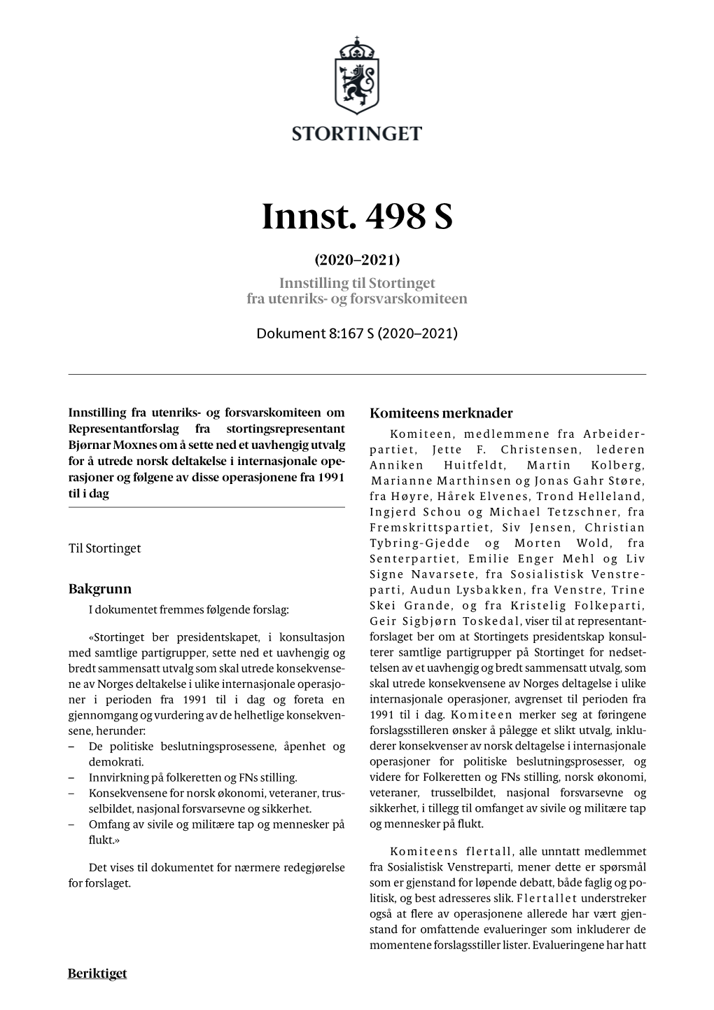 Innst. 498 S (2020–2021) Innstilling Til Stortinget Fra Utenriks- Og Forsvarskomiteen