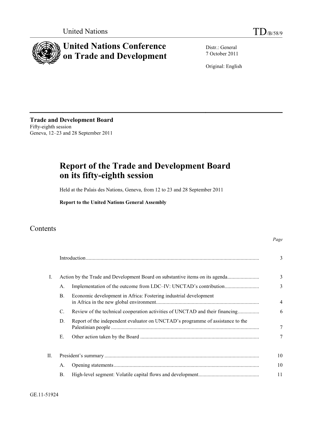 Report of the Trade and Development Board on Its Fifty-Eighth Session