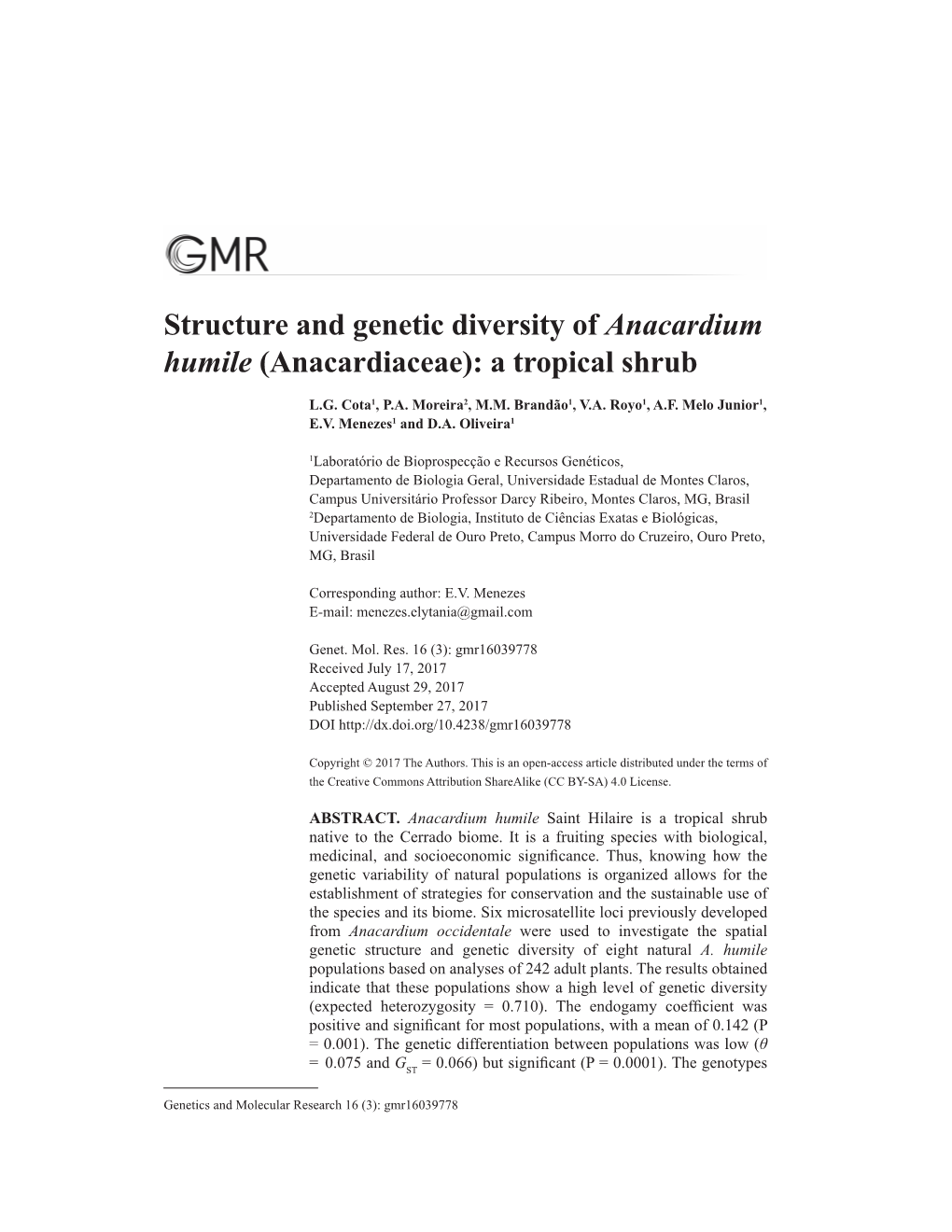 Structure and Genetic Diversity of Anacardium Humile (Anacardiaceae): a Tropical Shrub