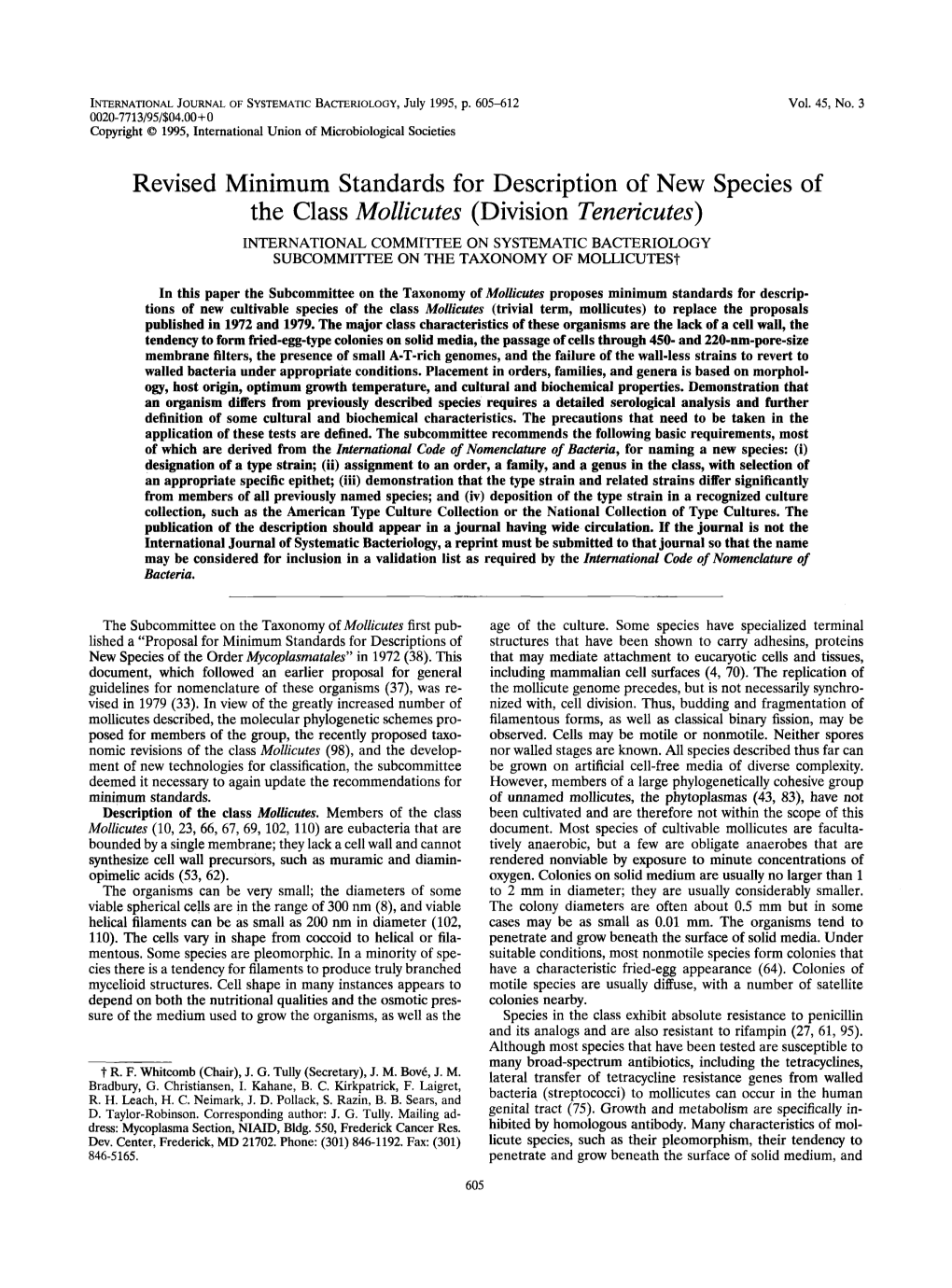 Division Tenericutes) INTERNATIONAL COMMITTEE on SYSTEMATIC BACTERIOLOGY SUBCOMMITTEE on the TAXONOMY of MOLLICUTEST