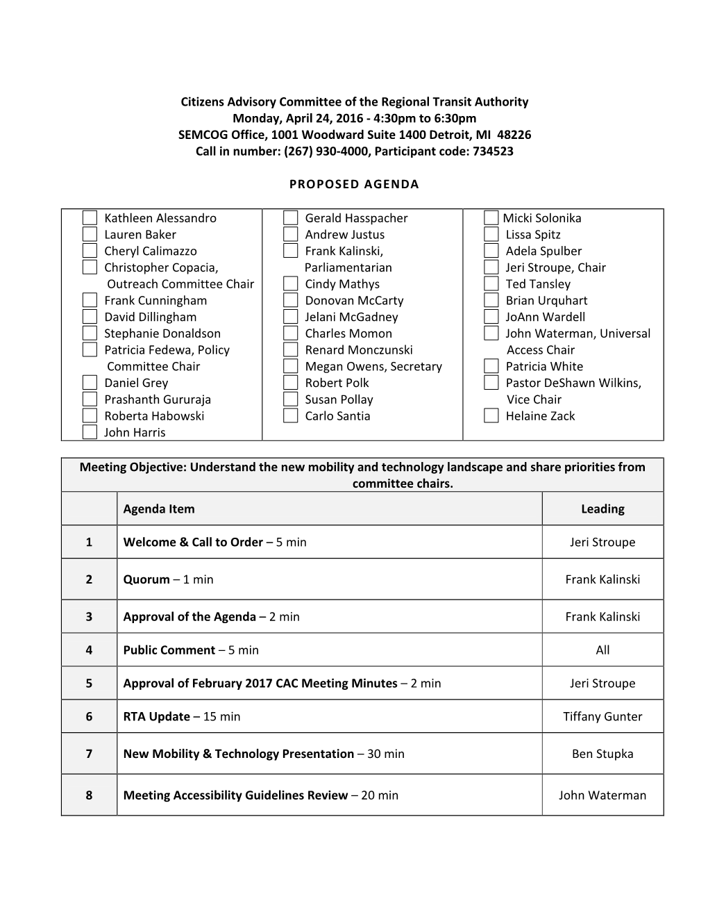 Citizens Advisory Committee of the Regional Transit Authority Monday