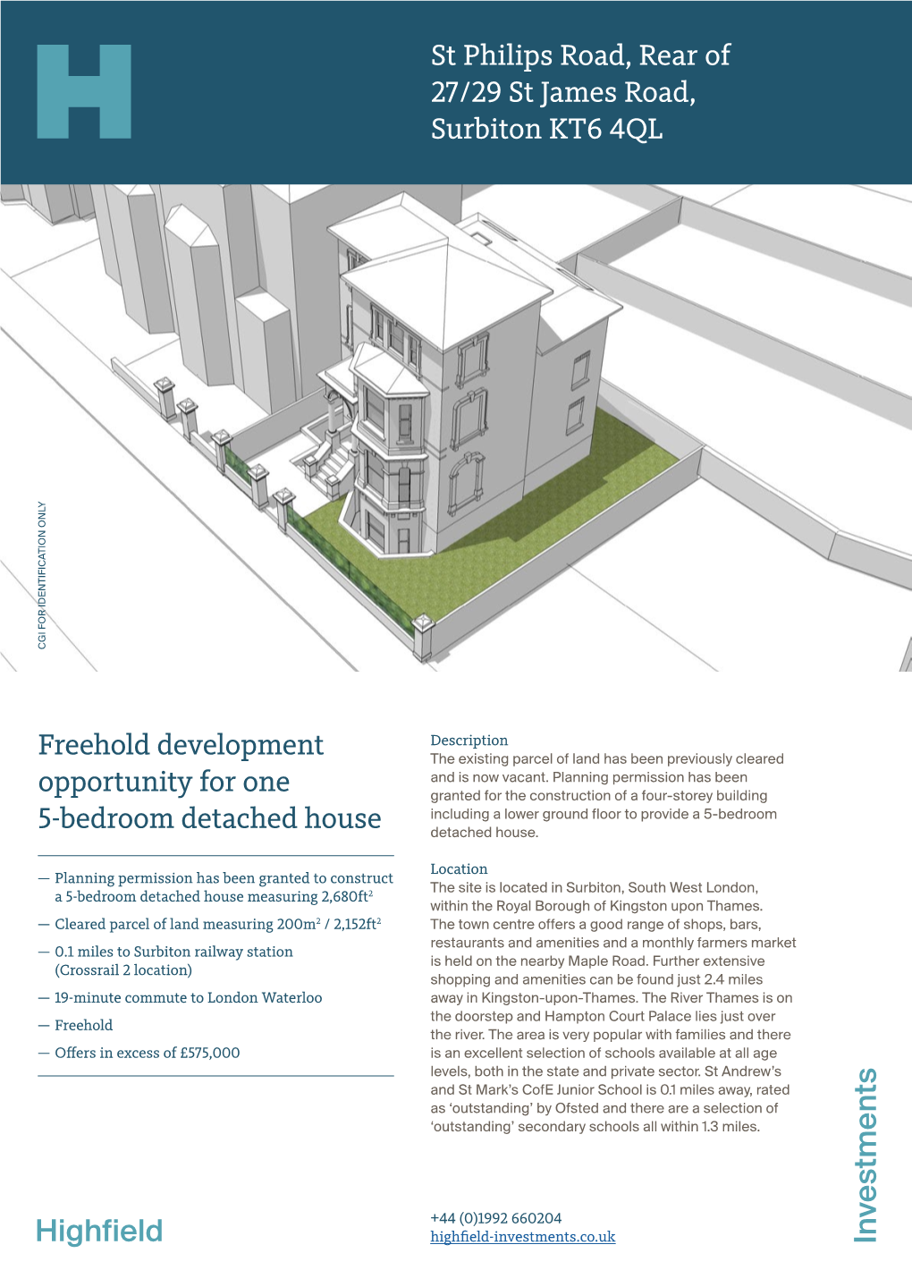 Freehold Development Opportunity for One 5-Bedroom Detached House St Philips Road, Rear of 27/29 St James Road, Surbiton KT6 4