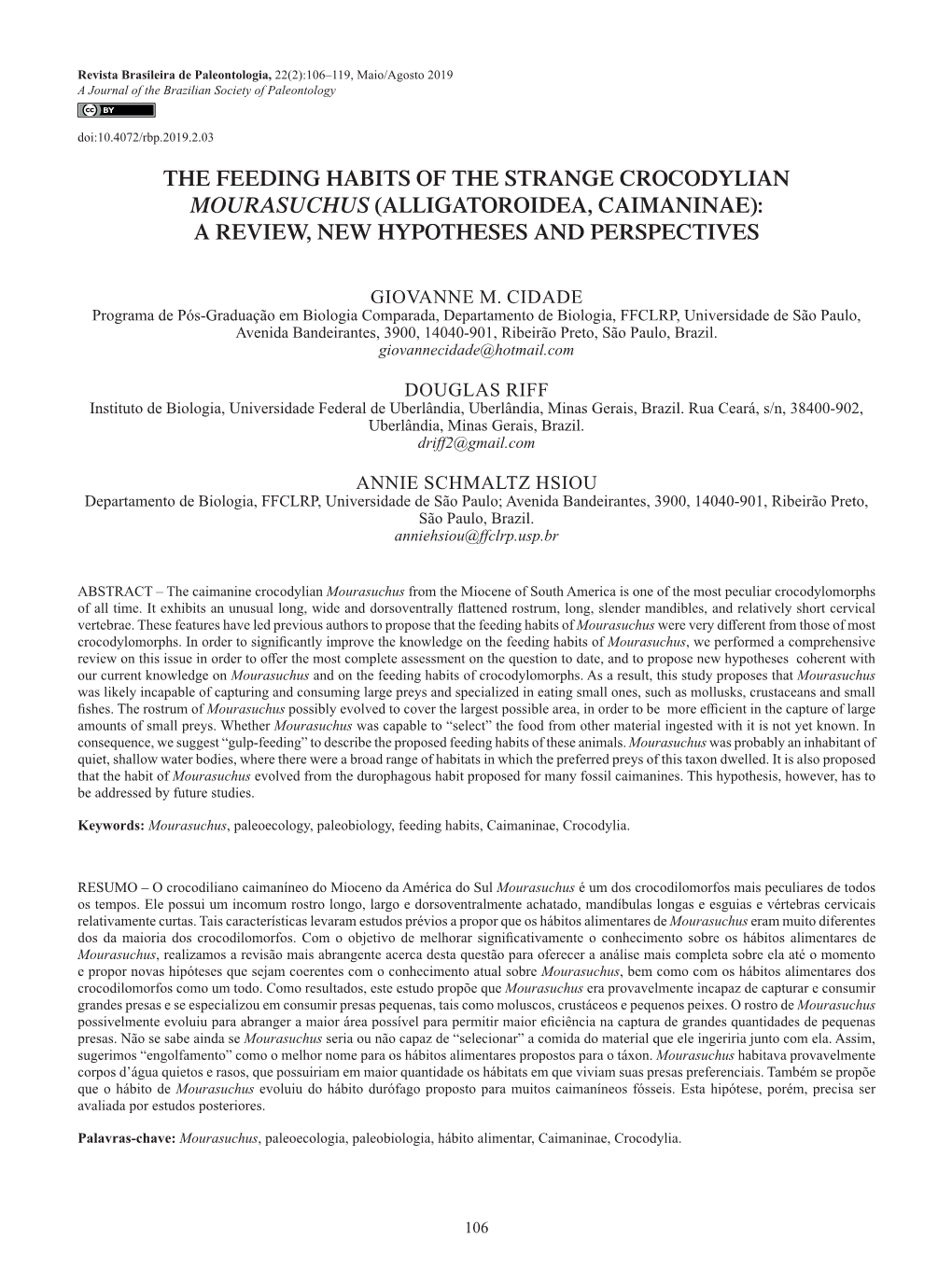 Revista Brasileira De Paleontologia, 22(2):106–119, Maio/Agosto 2019 a Journal of the Brazilian Society of Paleontology Doi:10.4072/Rbp.2019.2.03