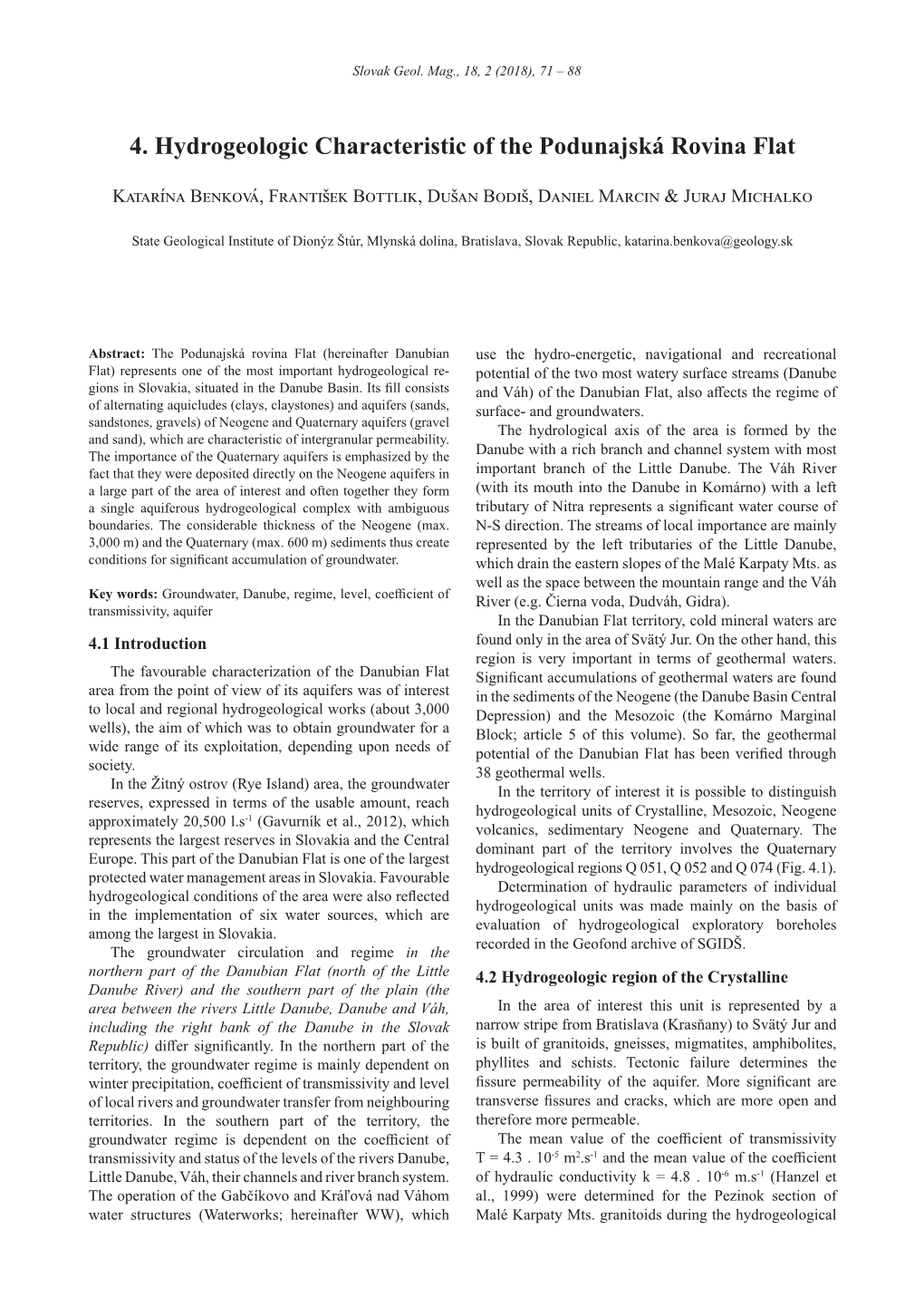 4. Hydrogeologic Characteristic of the Podunajská Rovina Flat