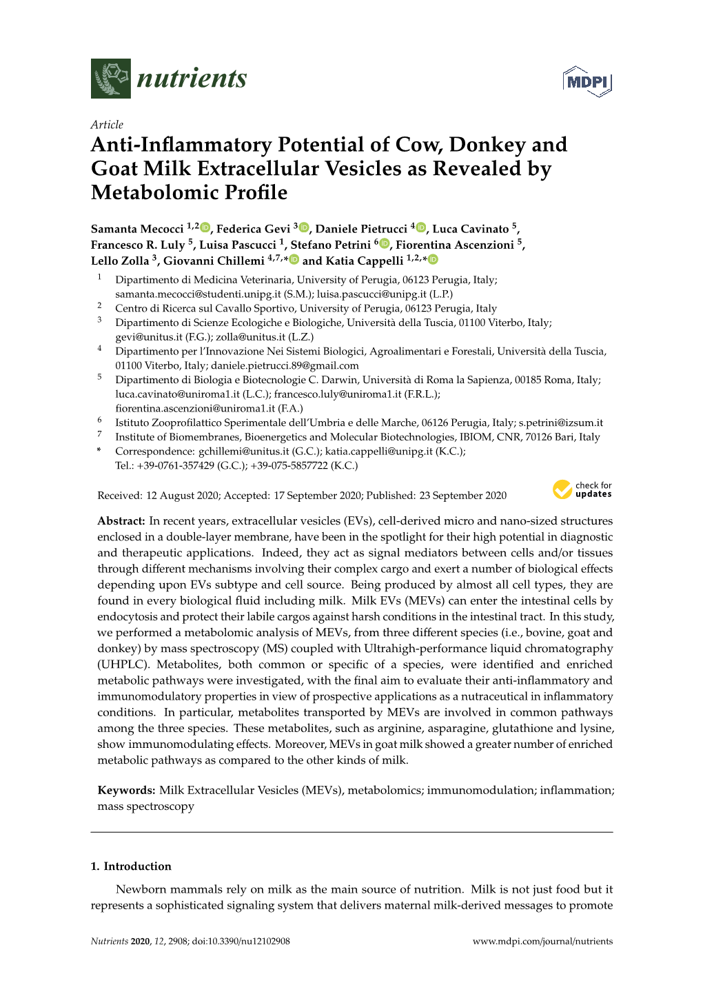 Anti-Inflammatory Potential of Cow, Donkey and Goat Milk Extracellular