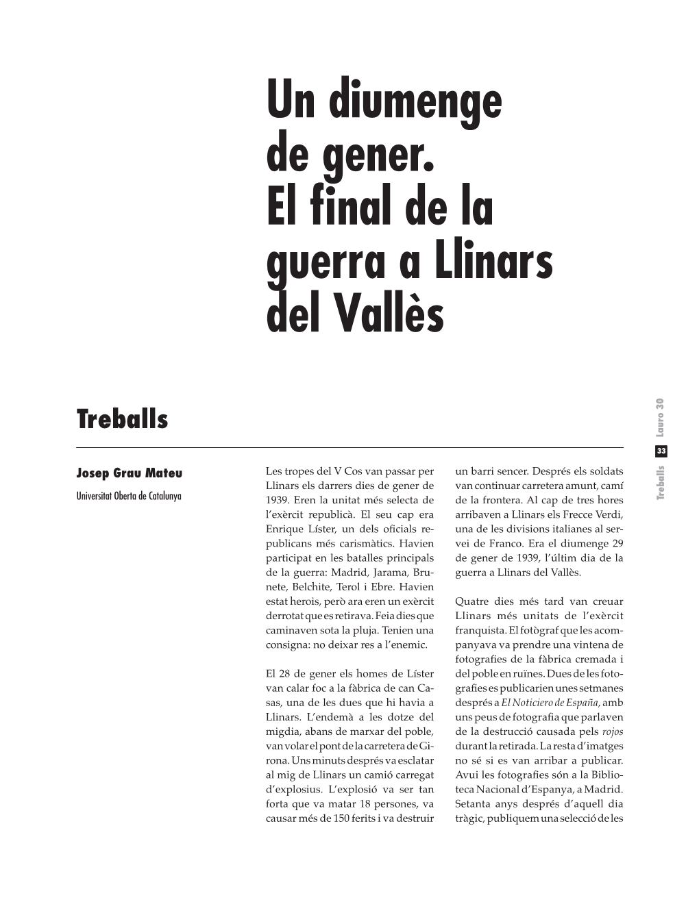 Un Diumenge De Gener. El Final De La Guerra a Llinars Del Vallès