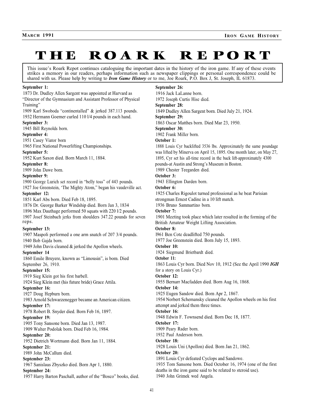 The Roark Report – Important Dates in Iron Game History