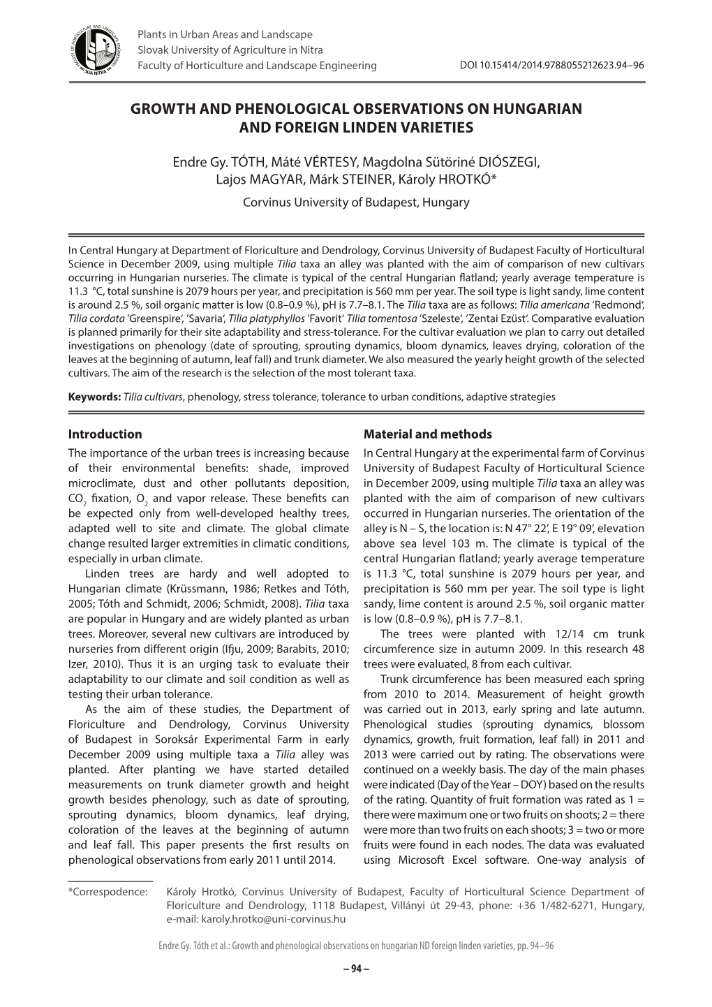 Growth and Phenological Observations on Hungarian and Foreign Linden Varieties