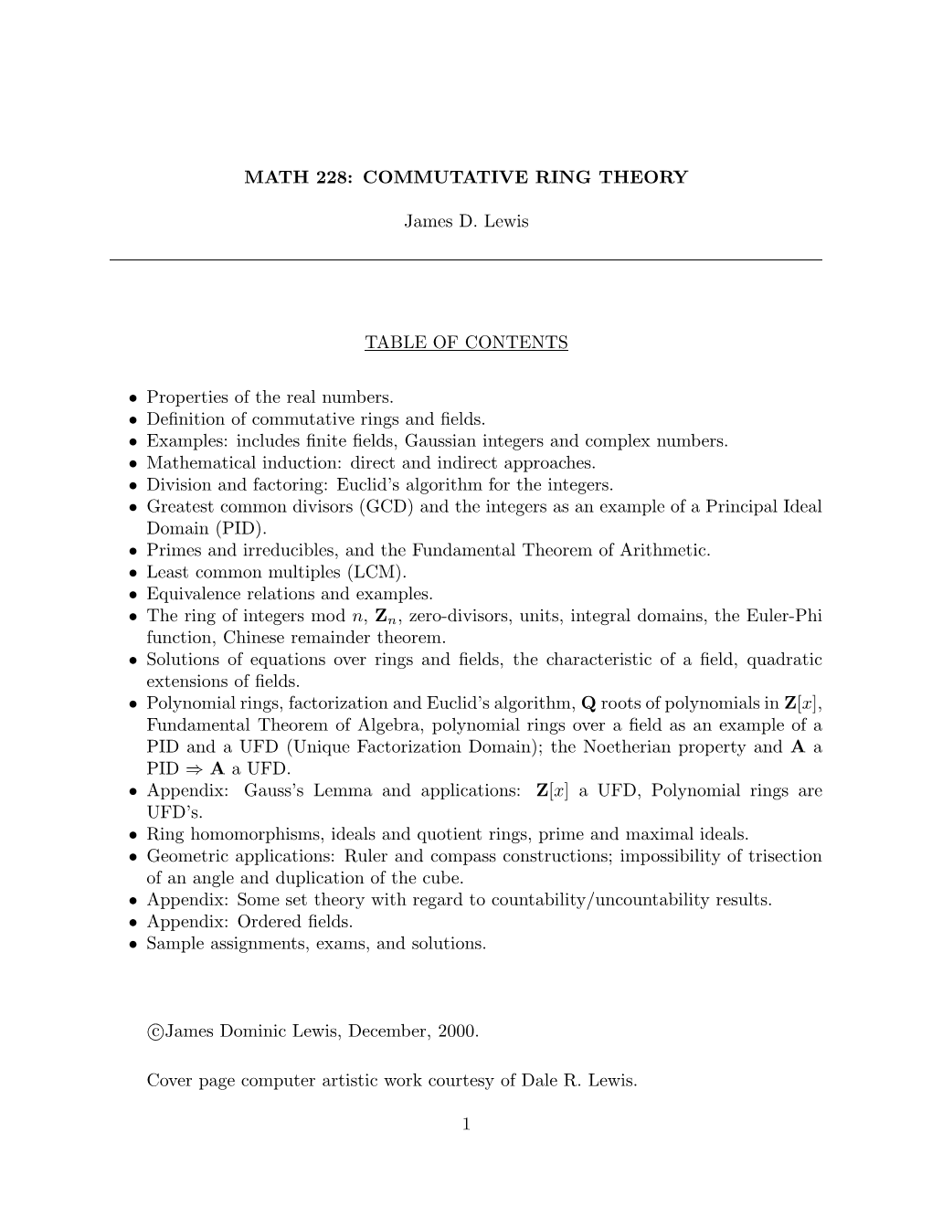 MATH 228: COMMUTATIVE RING THEORY James D. Lewis TABLE