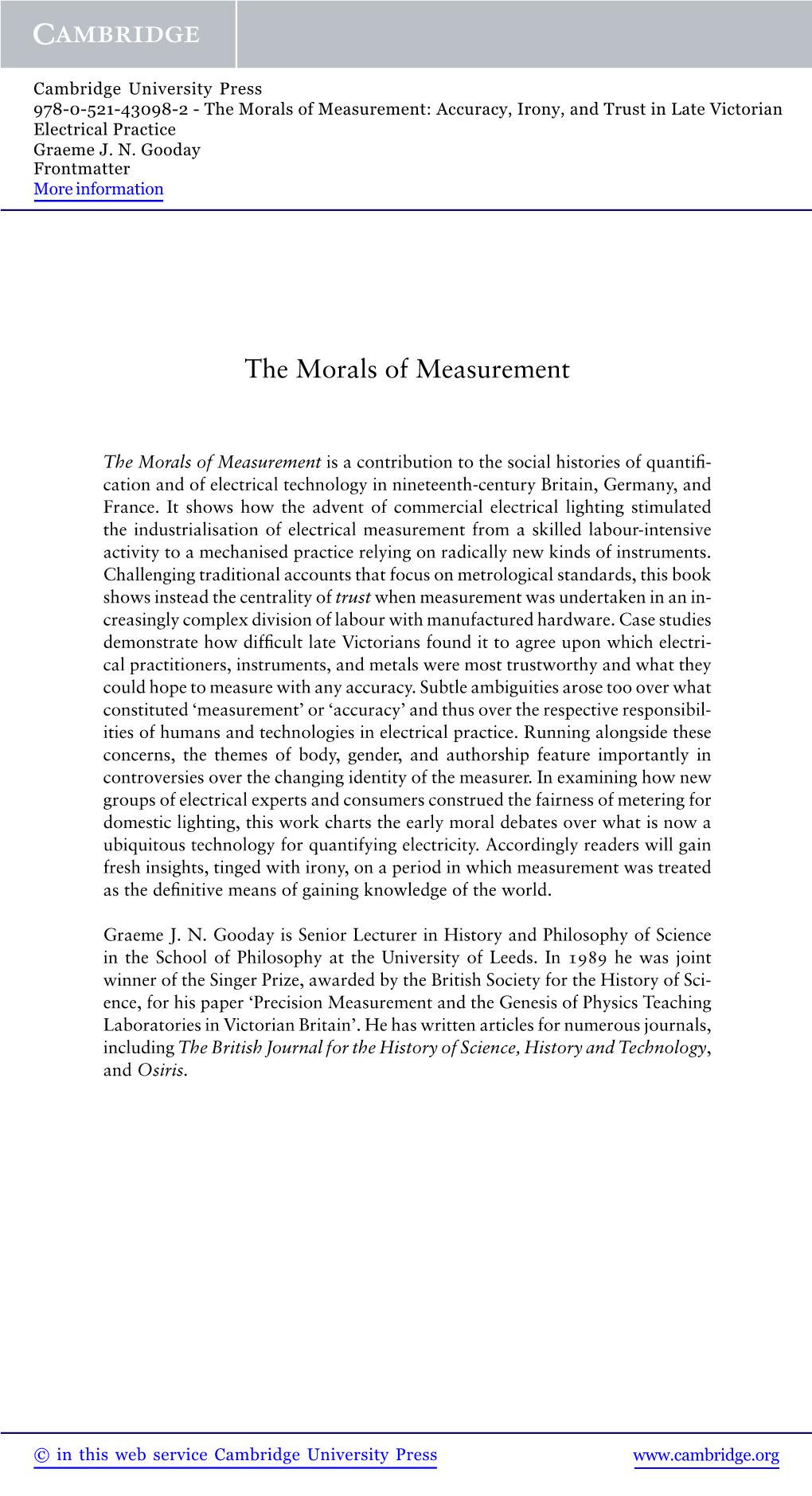 The Morals of Measurement: Accuracy, Irony, and Trust in Late Victorian Electrical Practice Graeme J