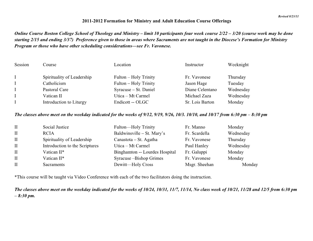 2011-2012 Formation for Ministry and Adult Education Course Offerings