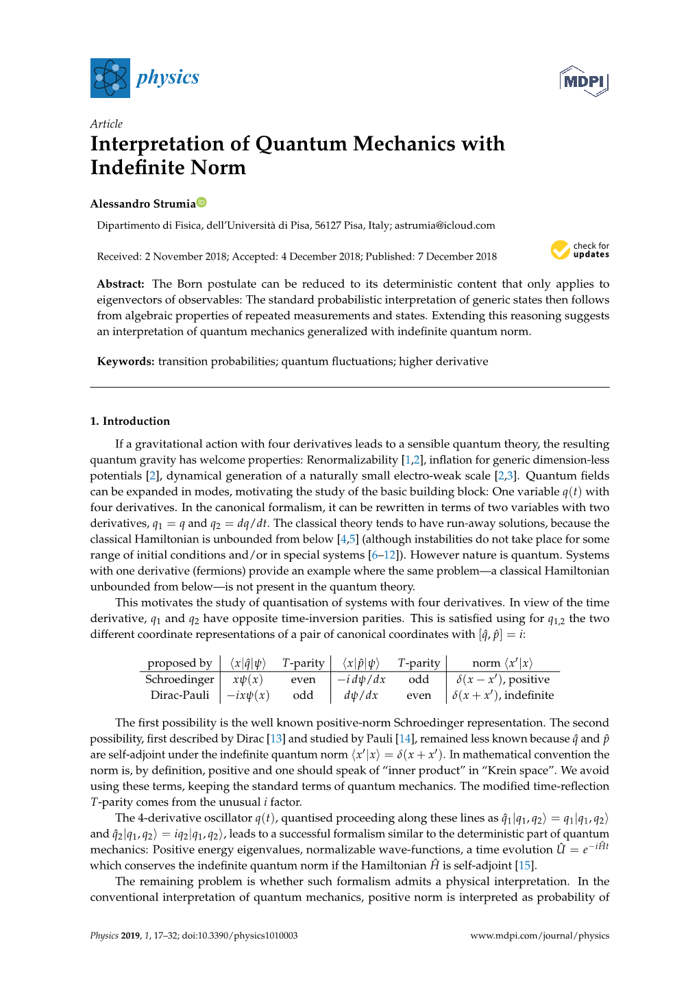 Interpretation of Quantum Mechanics with Indefinite Norm