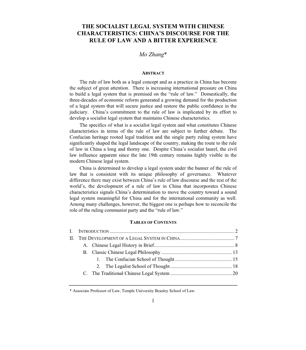 The Socialist Legal System with Chinese Characteristics: China’S Discourse for the Rule of Law and a Bitter Experience