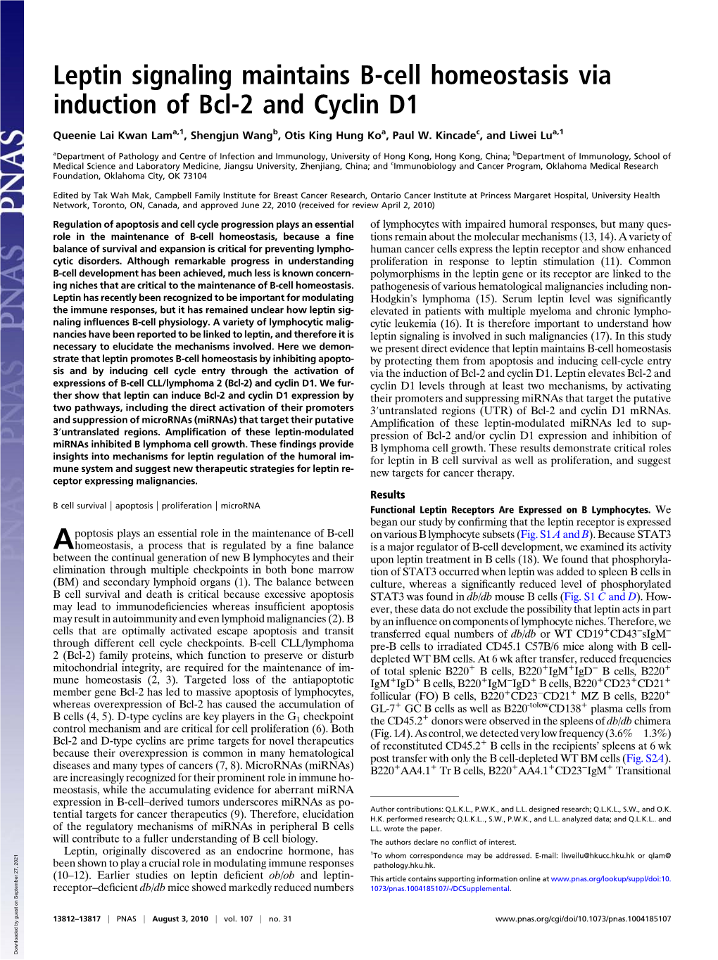 Leptin Signaling Maintains B-Cell Homeostasis Via Induction of Bcl-2 and Cyclin D1