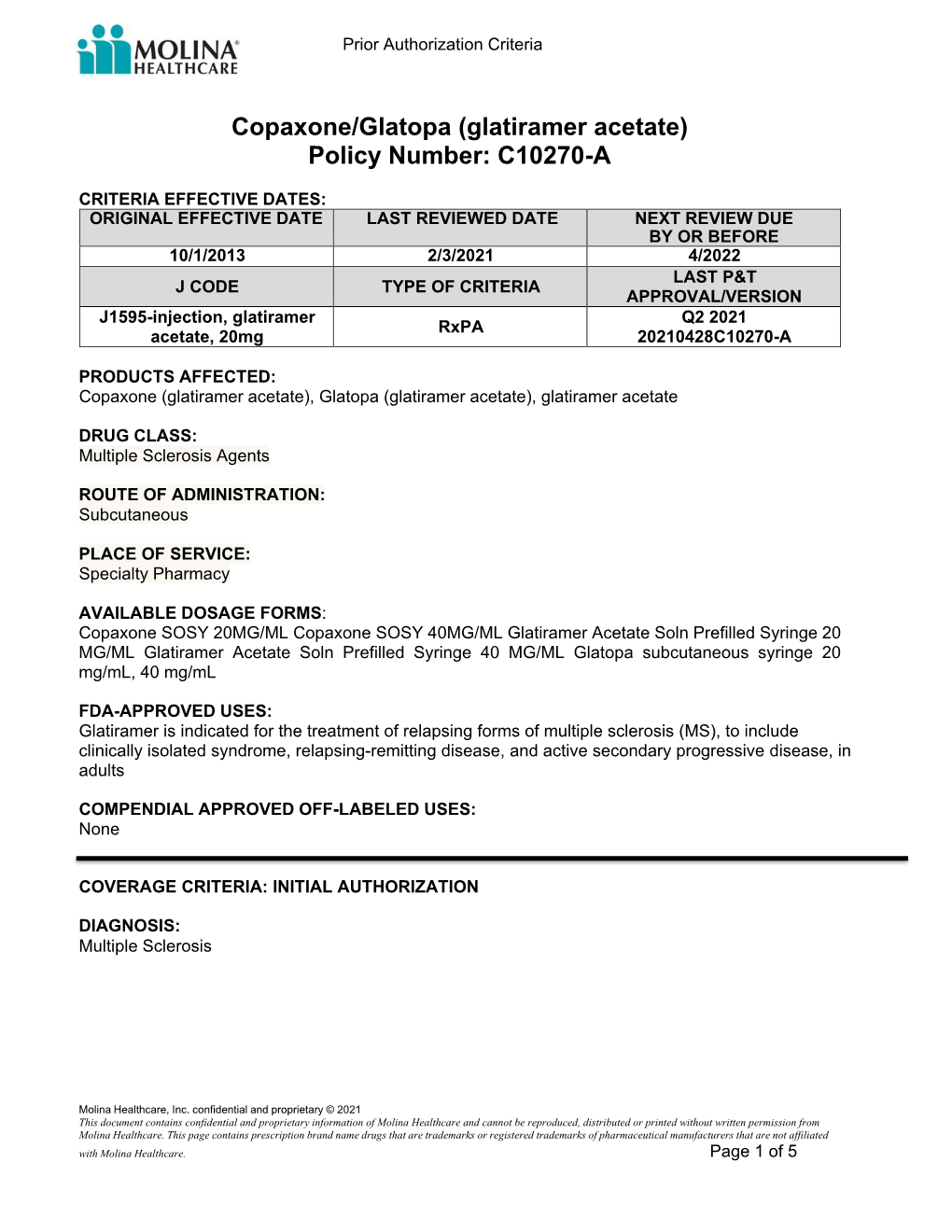 Copaxone Glatopa (Glatiramer Acetate) C10270-A