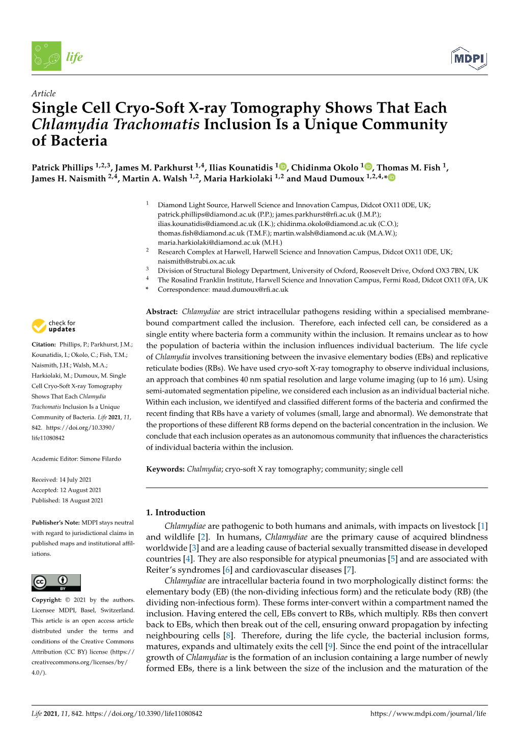 Single Cell Cryo-Soft X-Ray Tomography Shows That Each Chlamydia Trachomatis Inclusion Is a Unique Community of Bacteria