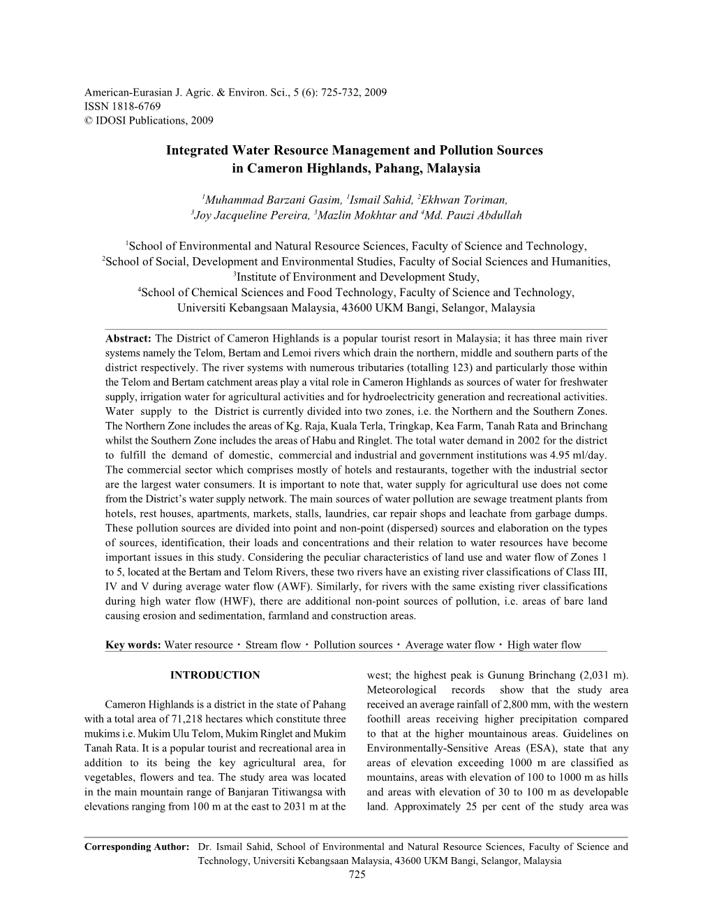 Integrated Water Resource Management and Pollution Sources in Cameron Highlands, Pahang, Malaysia