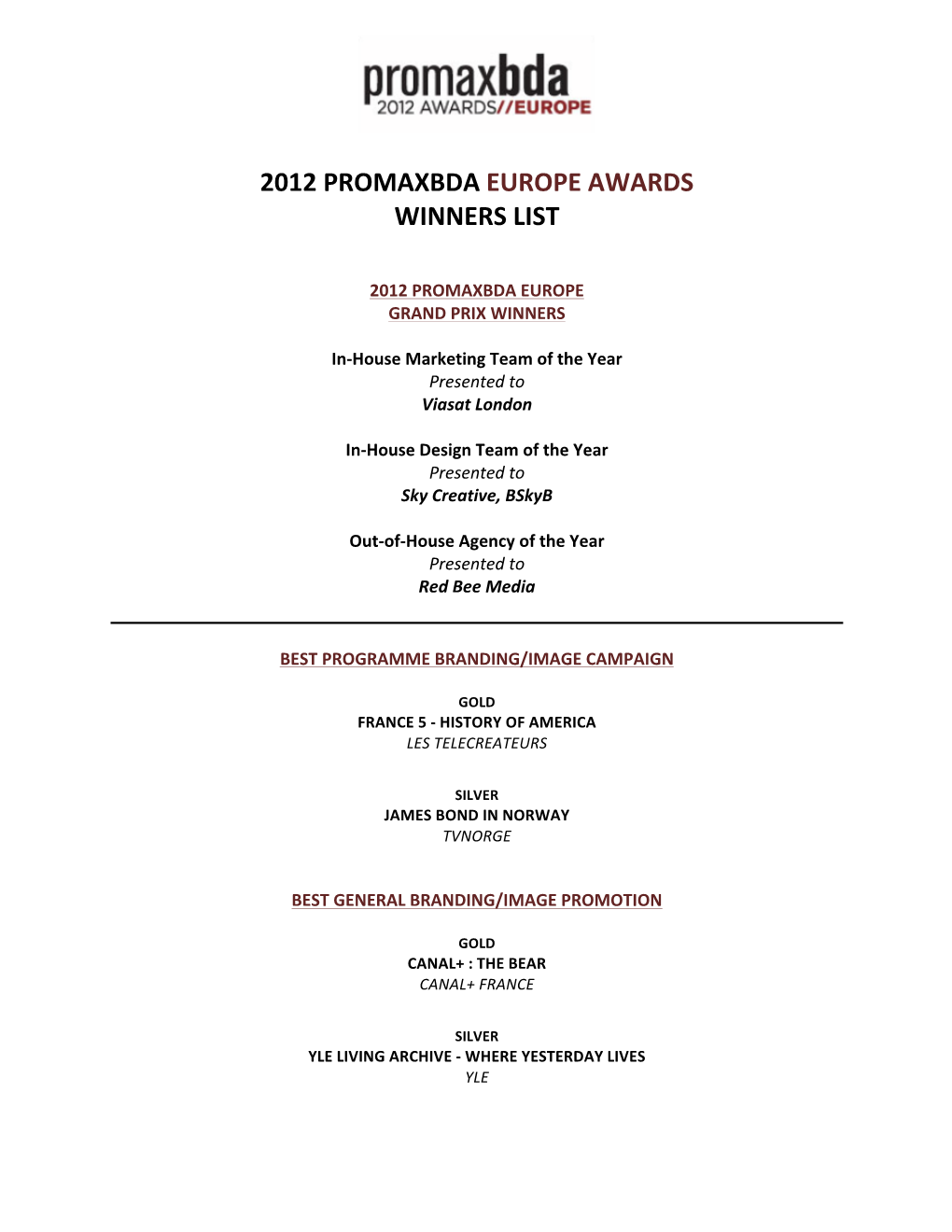 2012 Promaxbda Europe Awards Winners List