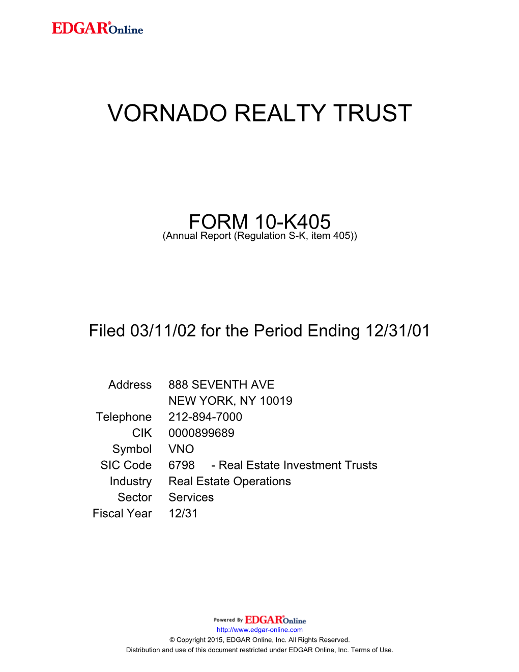 Vornado Realty Trust Form 10-K405