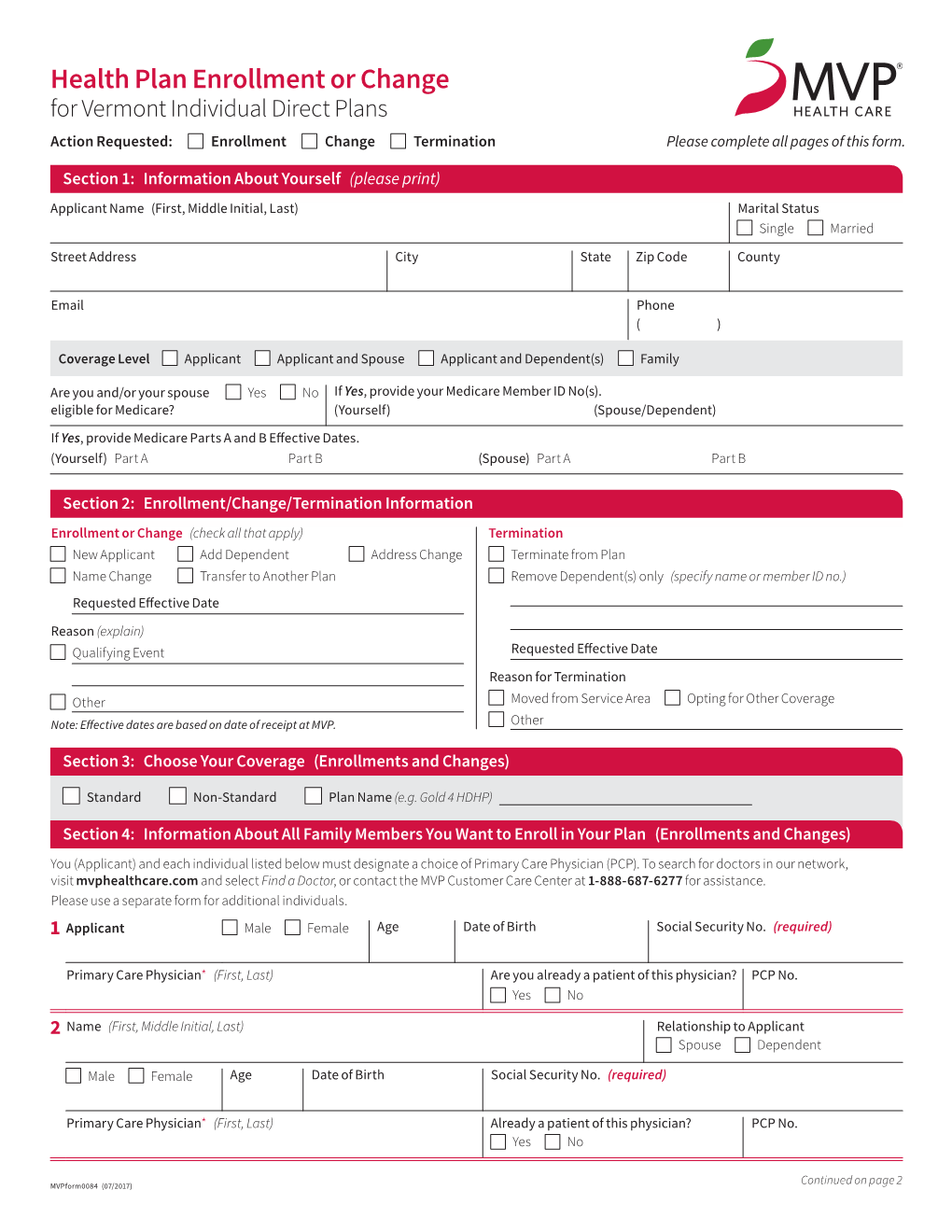 MVP Vermont Health Plan Enrollment and Change for Individual Direct