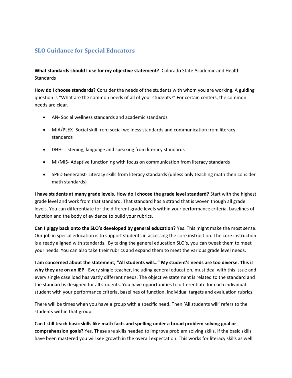 SLO Guidance for Special Educators