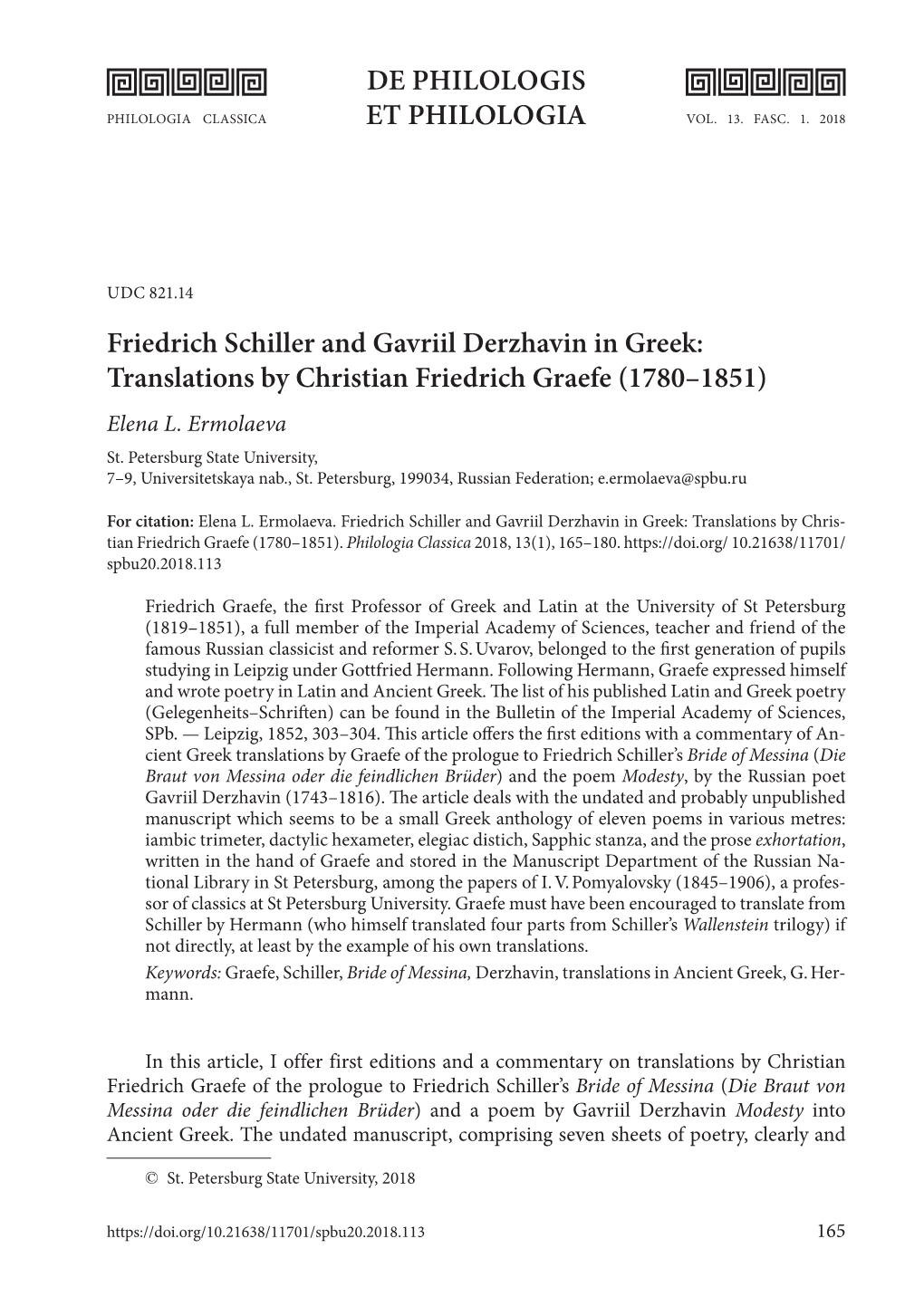Translations by Christian Friedrich Graefe (1780–1851) Elena L