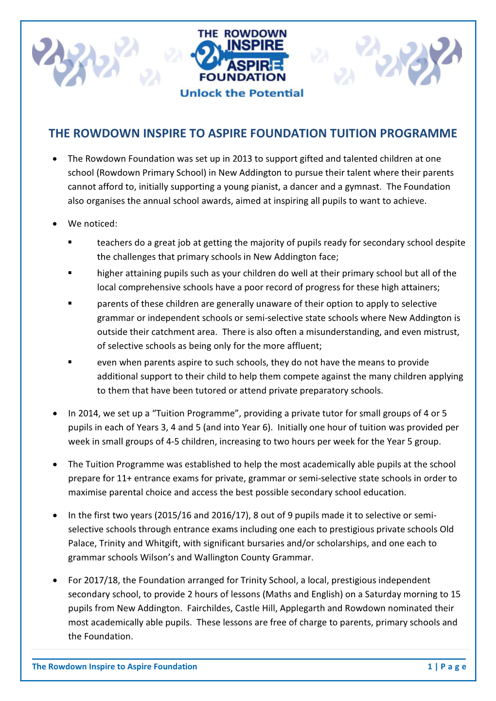 The Rowdown Inspire to Aspire Foundation Tuition Programme