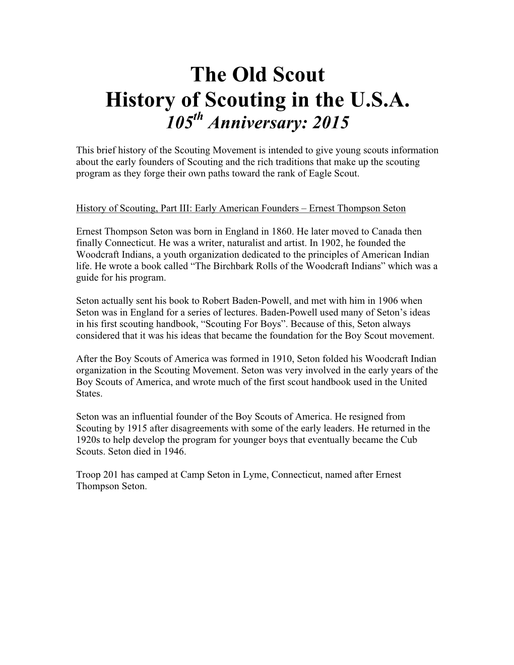 The Old Scout History of Scouting in the U.S.A. 105Th Anniversary: 2015