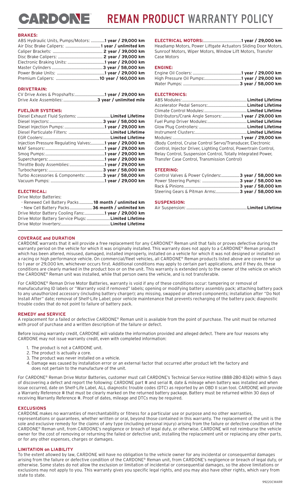 Reman Product Warranty Policy