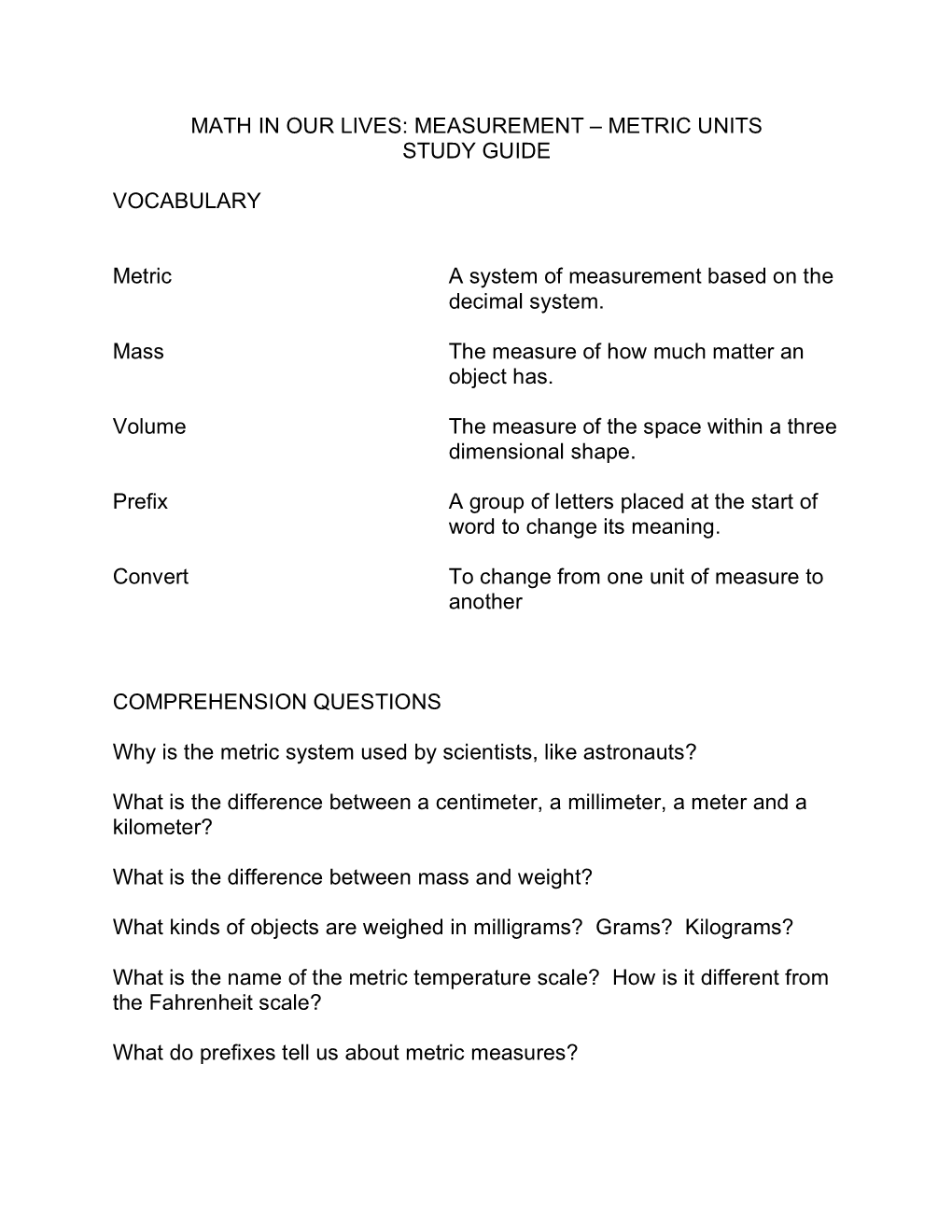 Measurement – Metric Units Study Guide Vocabulary