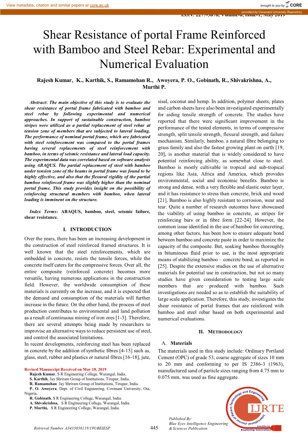 Shear Resistance of Portal Frame Reinforced with Bamboo and Steel Rebar: Experimental and Numerical Evaluation