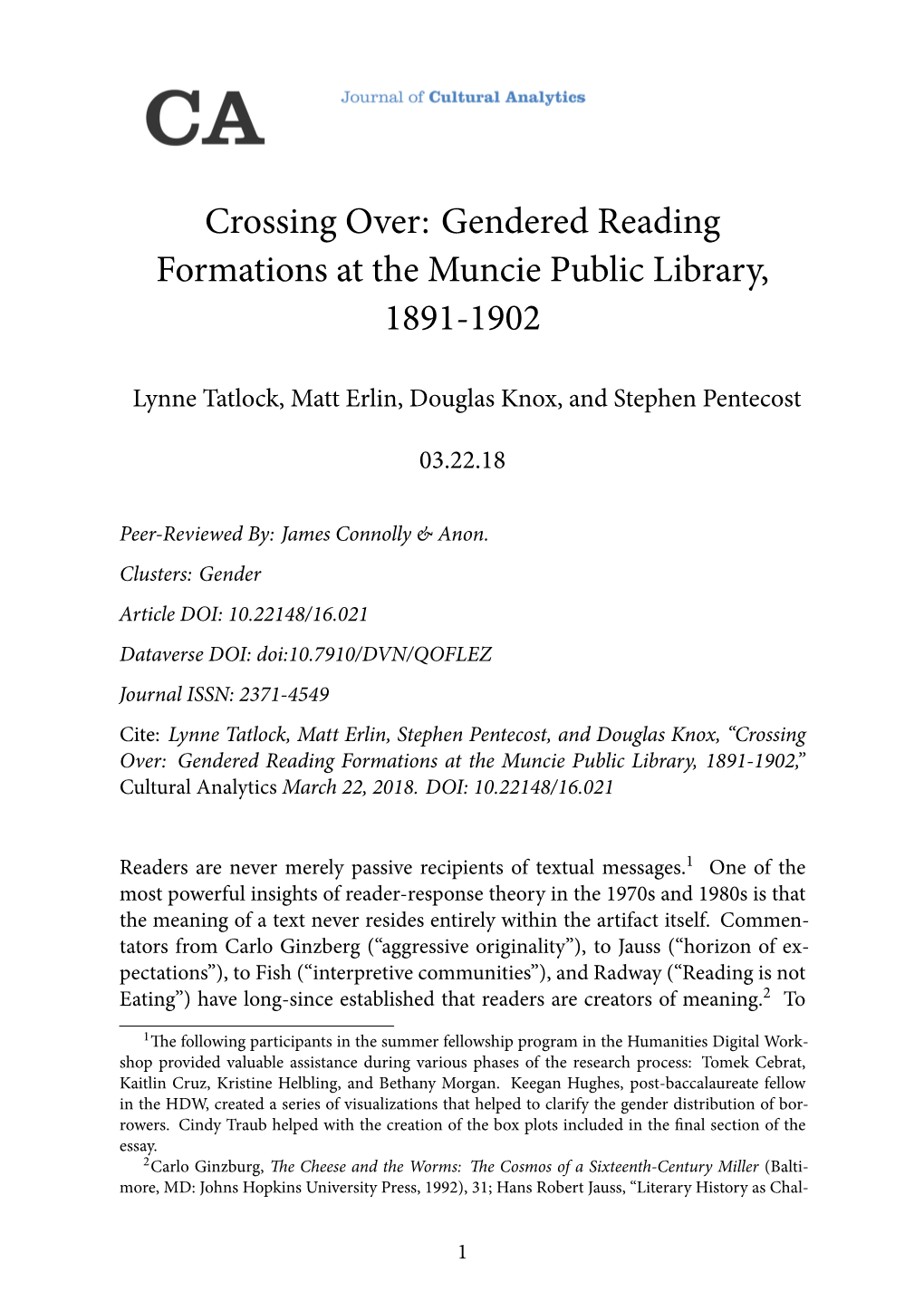 Crossing Over: Gendered Reading Formations at the Muncie Public Library, 1891-1902